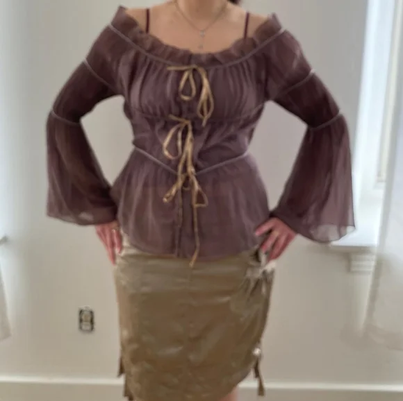Renfaire Fantasy Elegant Brown Off-Shoulder Women's Top - Picture 10 of 11